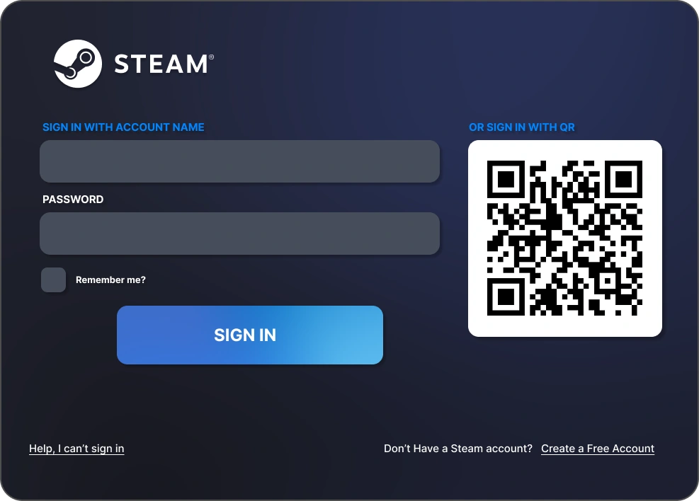 Steam sign-in window with account, password and QR sign-in options