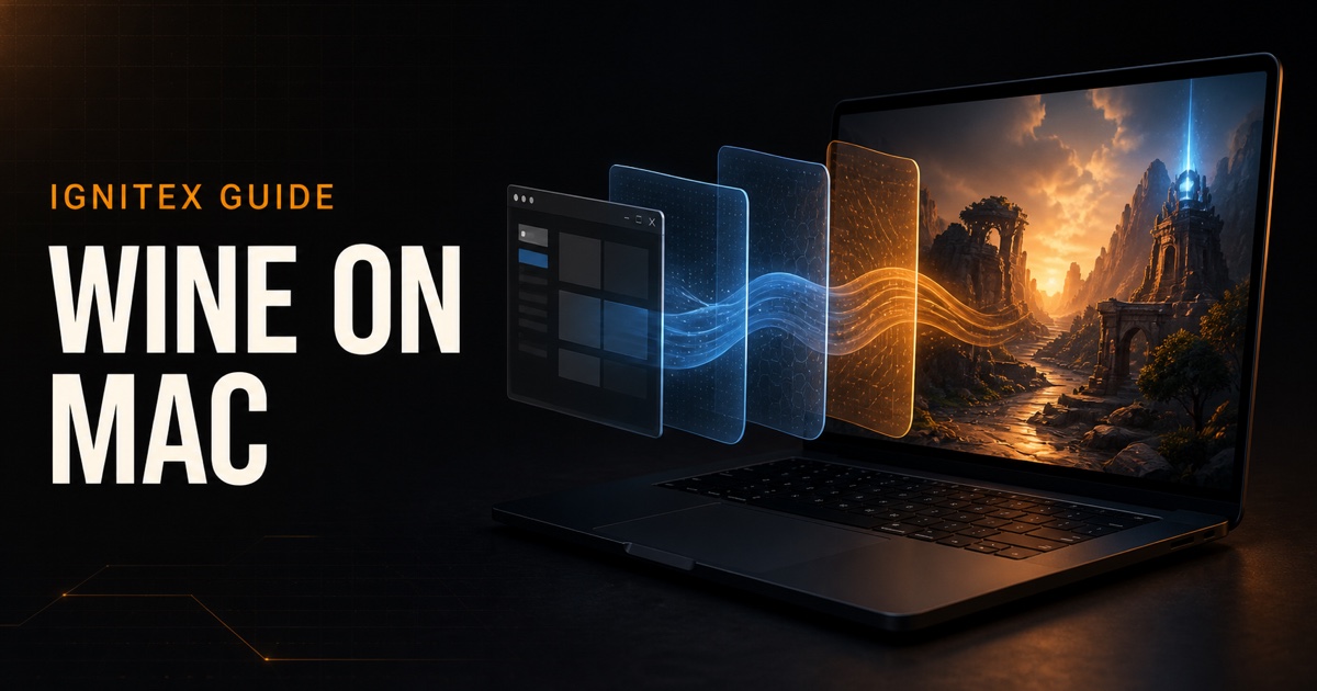 Windows application layers flowing into a game scene on a dark laptop